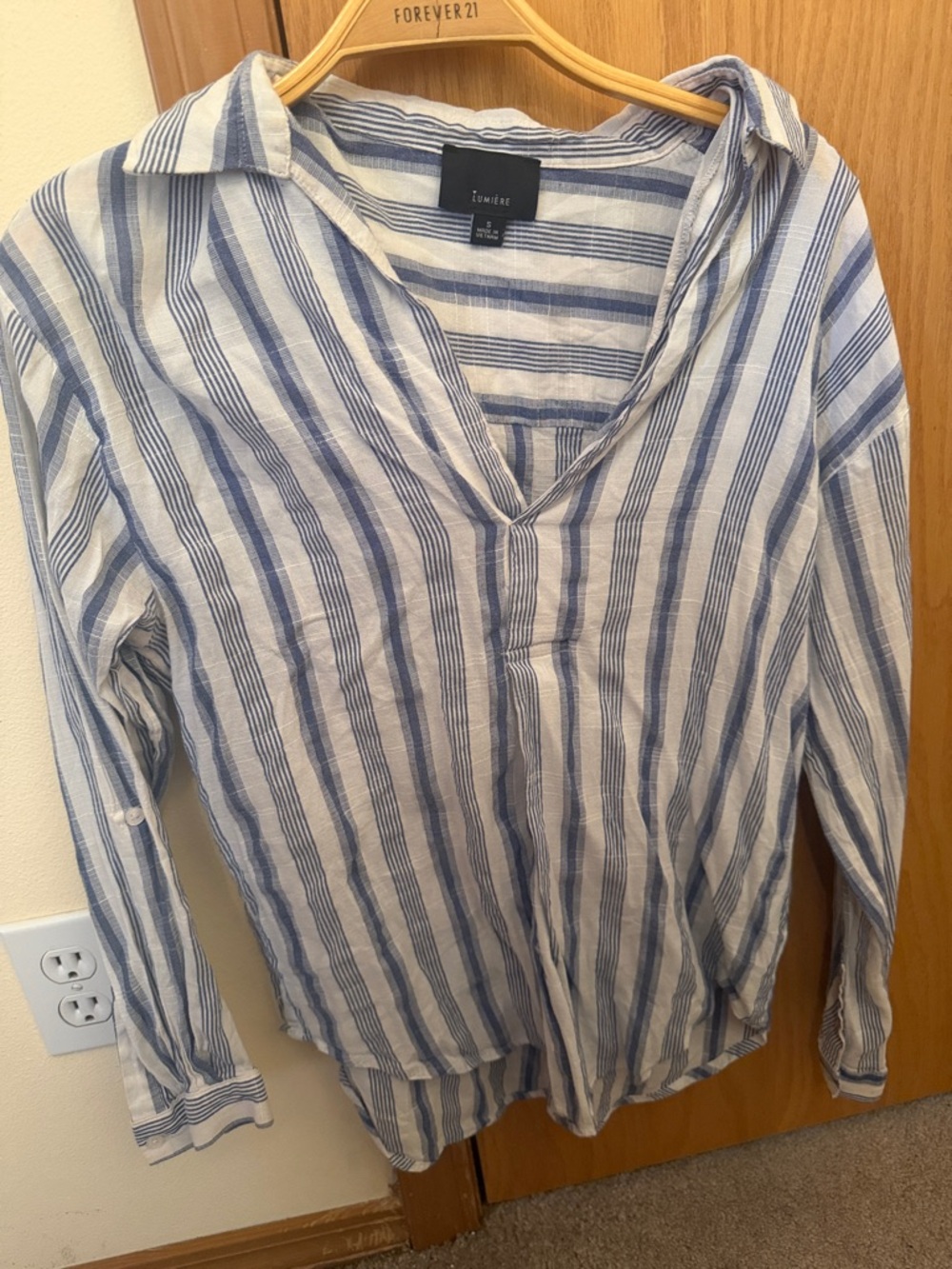 Blue and White Striped Lightweight V-Neck Button Cuff Shirt